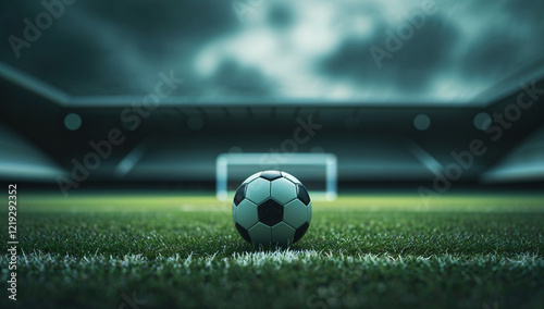 World Cup 2025, Close-Up of a Soccer Ball in a Stadium Illuminated by Bright Lights: Professional Soccer Match, Football Championship, Green Grass Field, Game Day Atmosphere, Soccer Kickoff Moment,