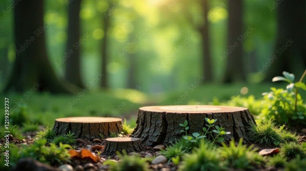 Naklejka premium Serene forest scene with multiple tree stumps, bathed in sunlight, showcasing nature's peaceful beauty