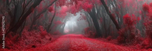 Crimson Path Through a Foggy Autumn Forest photo