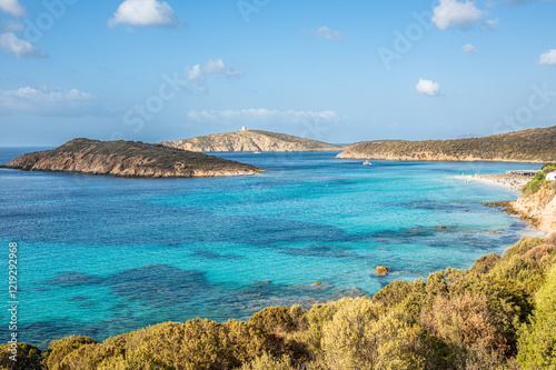 Aerial view of Tuerredda bay with the beach of fine sand and transparent blue and turquoise water