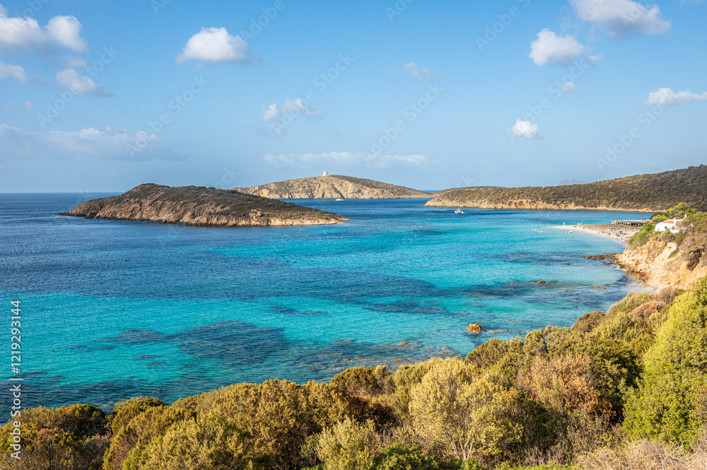 Aerial view of Tuerredda bay with the beach of fine sand and transparent blue and turquoise water