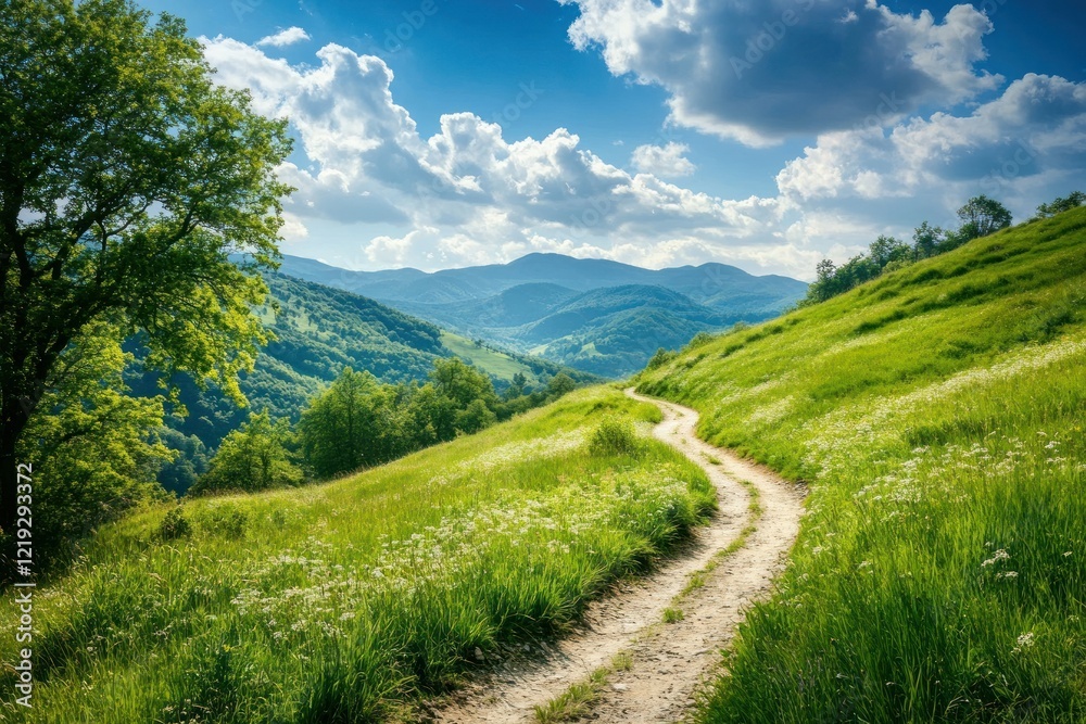 Naklejka premium Serene Mountain Pathway Through Lush Green Landscape