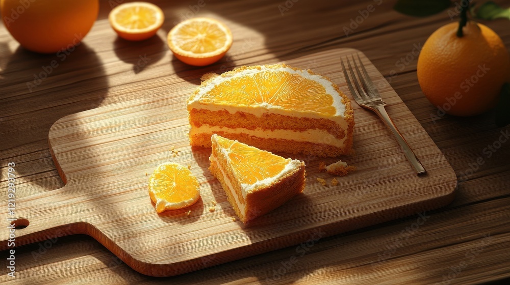 A wooden cutting board holds slices of delicious orange cake. A wooden cutting board holds slices of delicious orange cake.