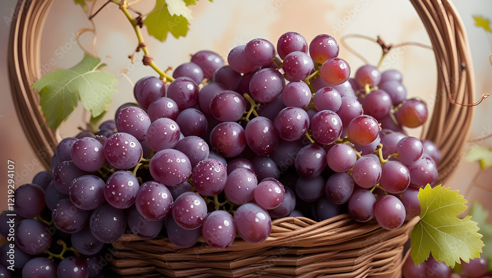 A Lush Bunch of Grapes Overflowing from a Wooden Basket, Fresh and Juicy
