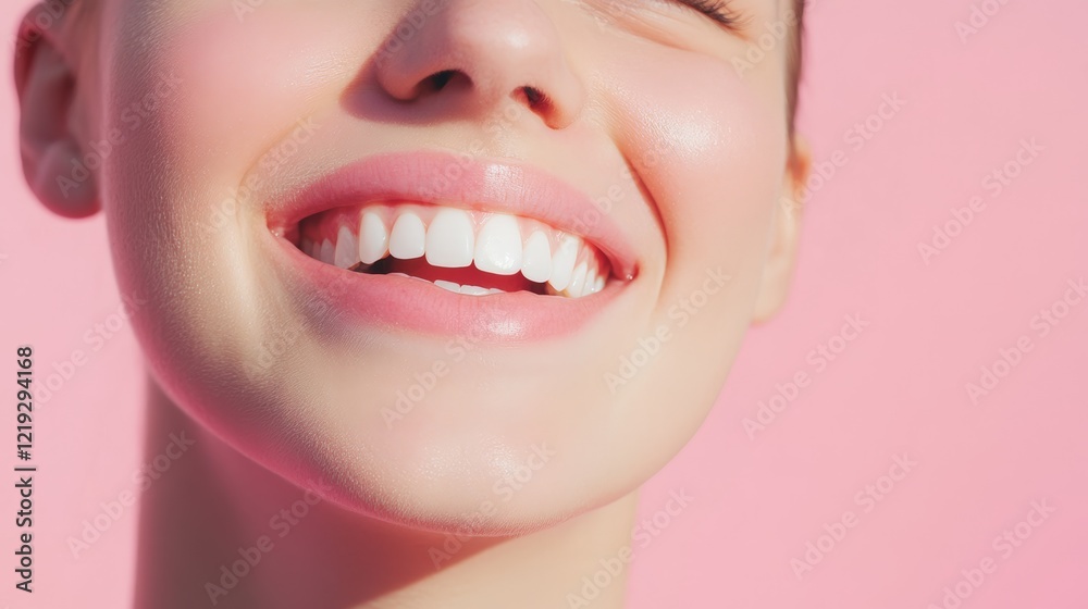 Close up view of a smiling woman displaying perfect white teeth and soft pink lips, radiating dental and cosmetic beauty against a vibrant pink backdrop Close up view of a smiling woman displaying perfect white teeth and soft pink lips, radiating dental and cosmetic beauty against a vibrant pink backdrop