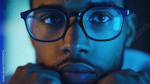 deadline, technology and people concept - close up of creative man in glasses working at night office and thinking photo