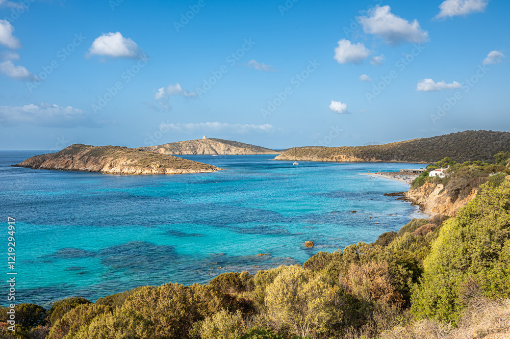 Aerial view of Tuerredda bay with the beach of fine sand and transparent blue and turquoise water