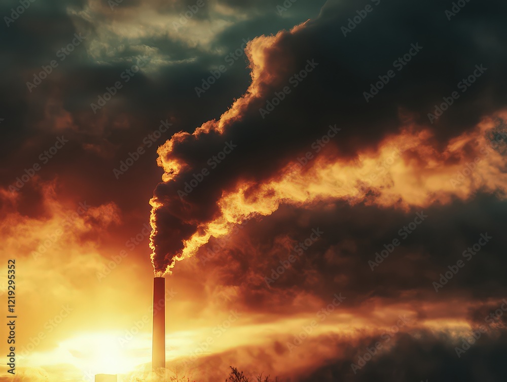 Fototapeta premium A nuclear energy facility emitting steam under a dramatic cloudy sky, emphasizing power generation and environmental concerns.