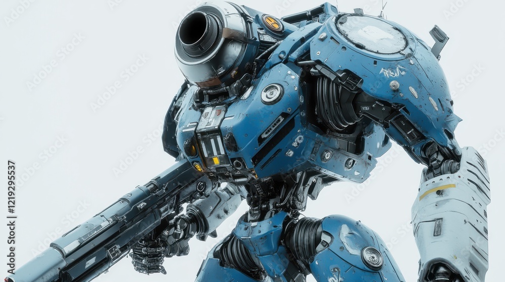 A blue and grey robotic mech with a large gun on its right arm, standing against a white background. A blue and grey robotic mech with a large gun on its right arm, standing against a white background.