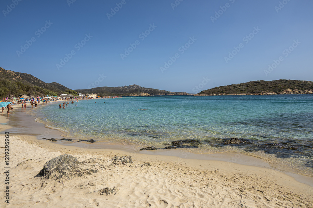 Aerial view of Tuerredda bay with the beach of fine sand and transparent blue and turquoise water
