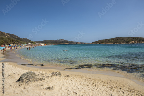 Aerial view of Tuerredda bay with the beach of fine sand and transparent blue and turquoise water