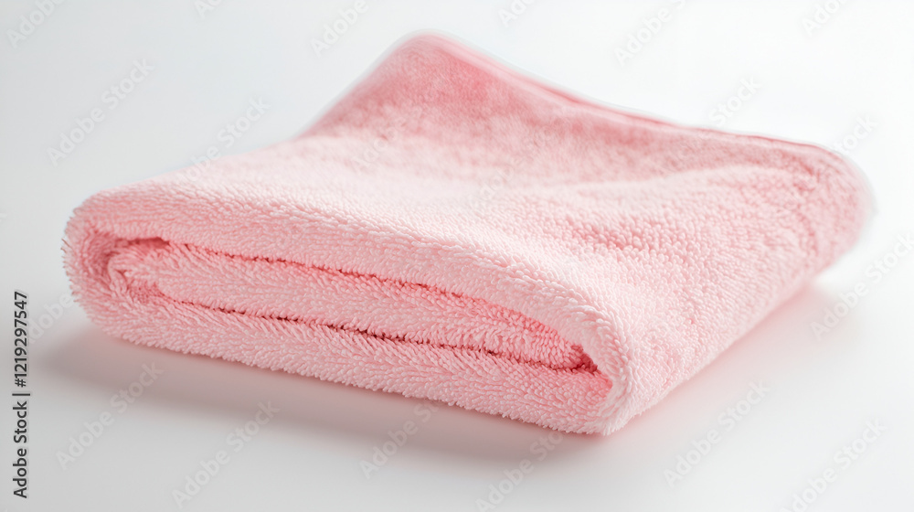 Soft pink towel neatly folded on a white background. Perfect for bathroom, spa, or hotel imagery. Soft pink towel neatly folded on a white background. Perfect for bathroom, spa, or hotel imagery.