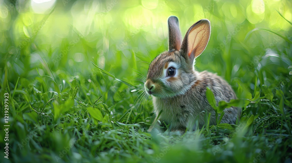 Obraz premium A baby rabbit sitting in a grassy meadow, with its big ears standing tall,