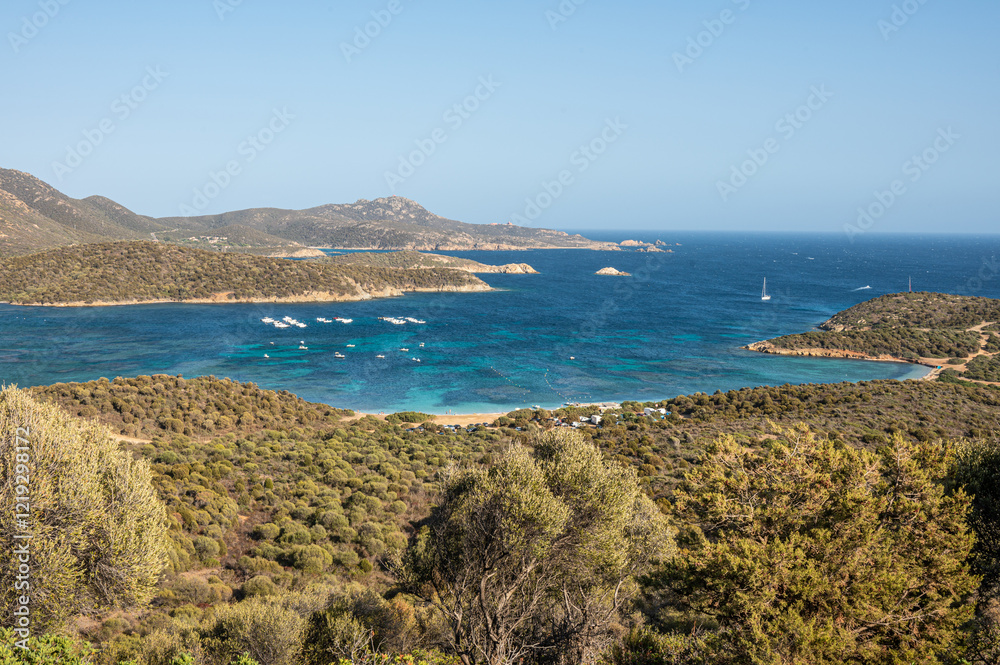 Aerial view of the Malfatano Gulf in the south of Sardinia with many beautiful beaches and blue and turquoise water