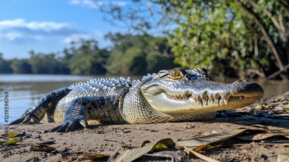 Obraz premium A large crocodile basking in the sun by the riverbank, with its scaly skin and sharp teeth,