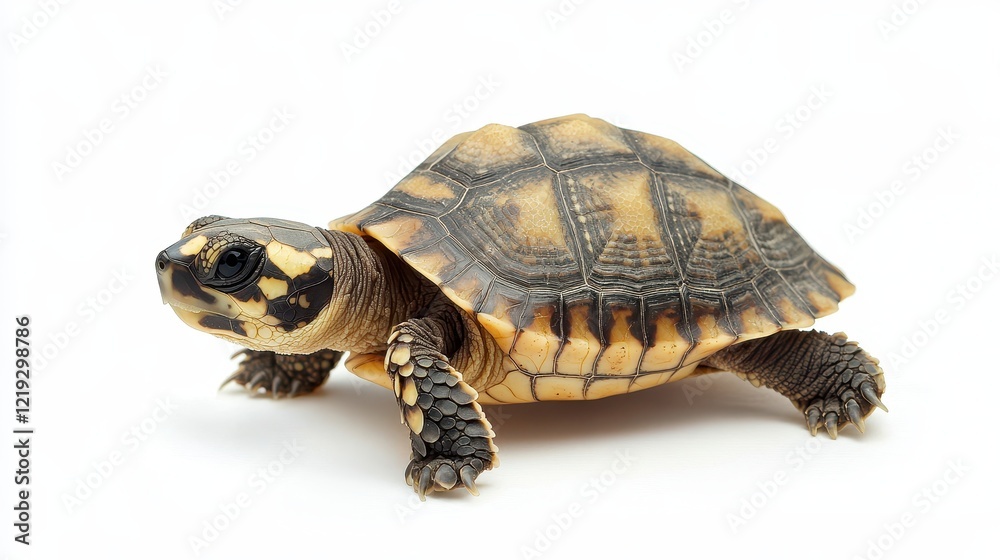 Naklejka premium A baby turtle crawling across the sandy beach toward the ocean, on a white isolated background