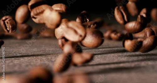 Close up of seeds of coffee. Fragrant coffee beans Super Macro Close Up. Shot on super slow motion camera 1000 fps. photo