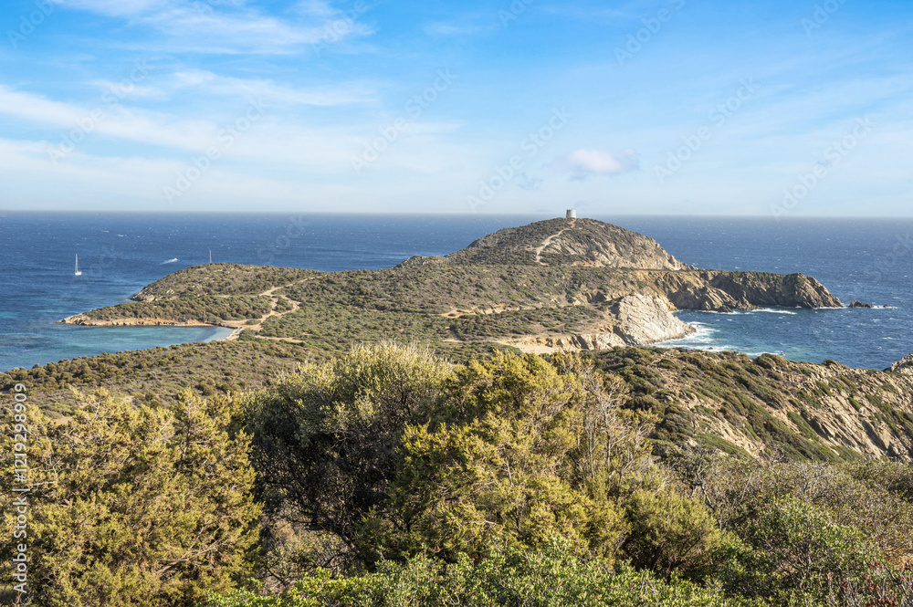 Aerial view of the Malfatano Gulf in the south of Sardinia with many beautiful beaches and blue and turquoise water