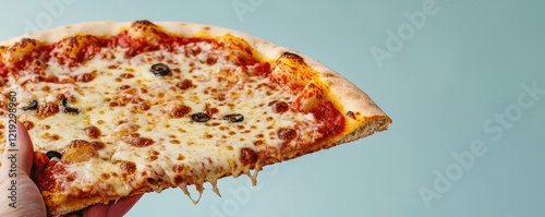 Panel kuchenny z motywem Artisan Pizza Creations with Handcrafted concept. Cheese pizza slice held by hand against a light background.