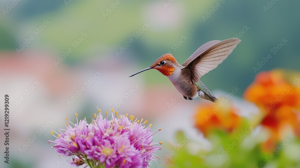 Fototapeta premium A tiny hummingbird hovering near a bright flower, with its wings a blur of motion, on a white background