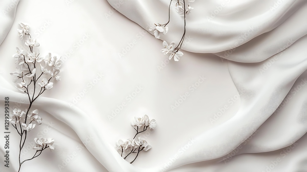 White blossoms arranged on draped white fabric White blossoms arranged on draped white fabric