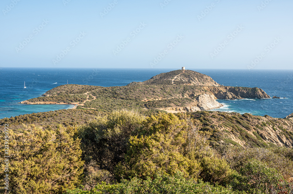 Aerial view of the Malfatano Gulf in the south of Sardinia with many beautiful beaches and blue and turquoise water