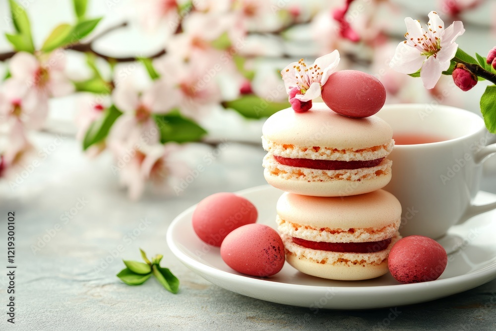 Obraz premium Soft-colored macarons with pink eggs and blossoms on a plate beside a cup of tea, evoking springtime elegance.