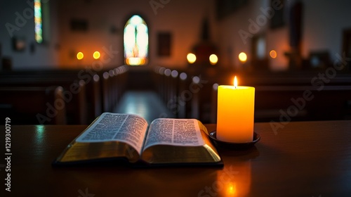 Wallpaper Mural church, with a Bible opened on a pew and soft candlelight flickering nearby Torontodigital.ca