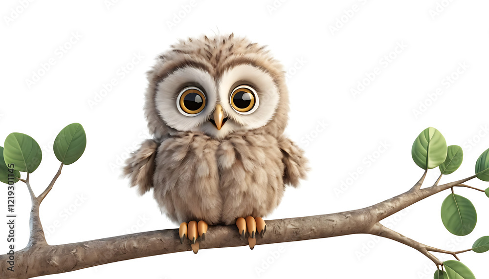 Fototapeta premium Adorable Baby Owl Perched on Branch 3D Render