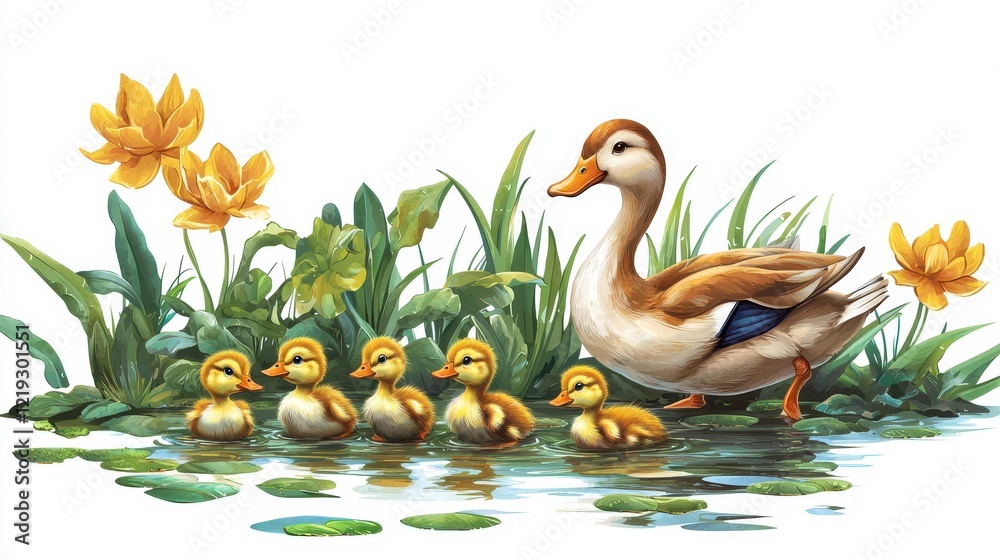 Obraz premium A family of ducks swimming together in a pond, with the ducklings following the mother closely, on a white isolated background