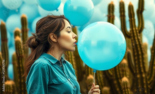 Woman blowing up blue balloon with cactus background balloon background balloon background party holiday celebration decoration photo