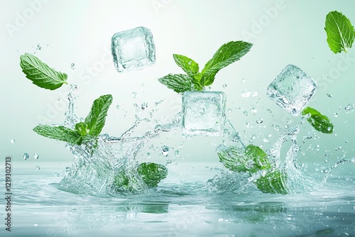 Refreshing Mint Ice Cubes Splashing in Water
