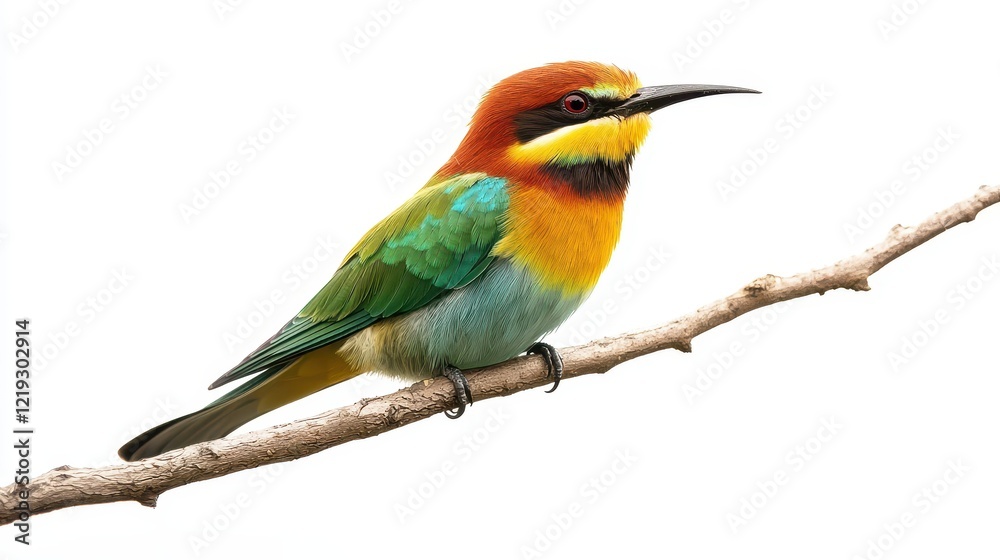 A small bird perched on a branch, with its wings slightly spread, on a white isolated background A small bird perched on a branch, with its wings slightly spread, on a white isolated background