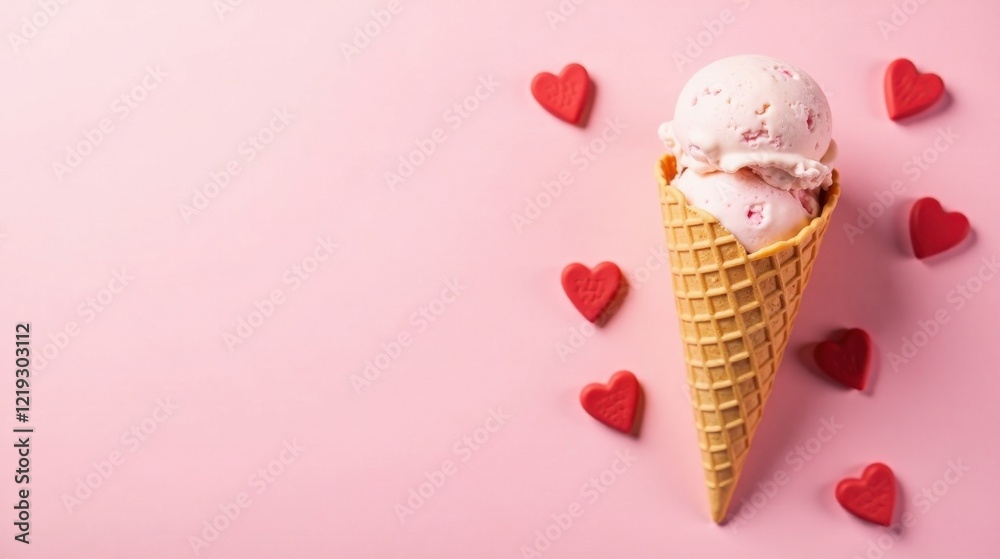 A delightful double scoop of strawberry ice cream in a crispy waffle cone, surrounded by sweet heart-shaped candies on a soft pink background A delightful double scoop of strawberry ice cream in a crispy waffle cone, surrounded by sweet heart-shaped candies on a soft pink background