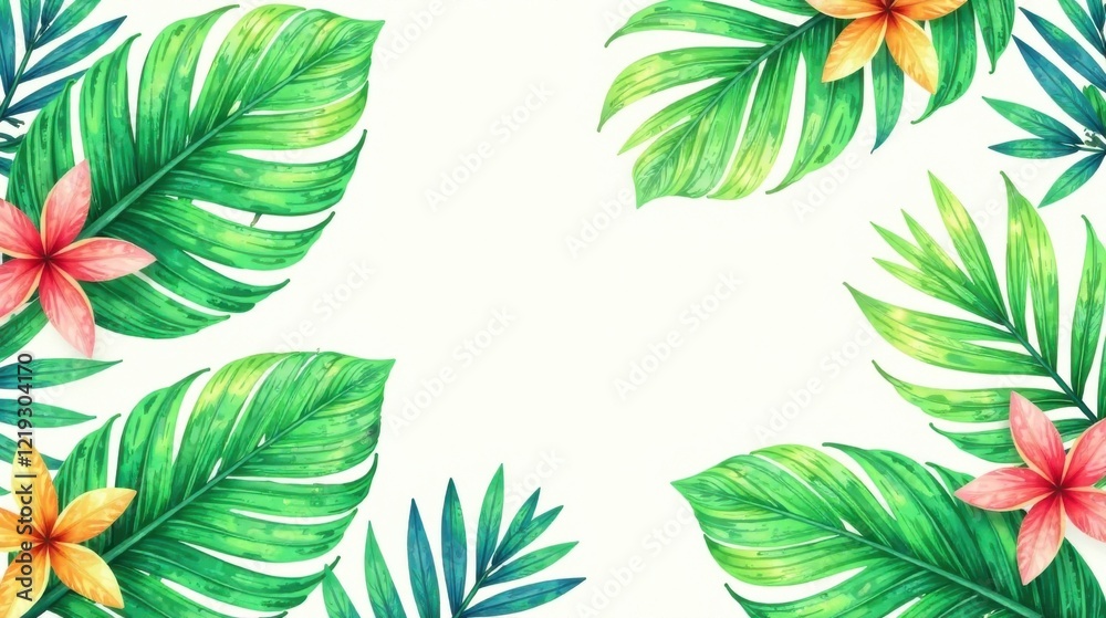 Fototapeta premium Vibrant Tropical Foliage and Exotic Flowers Frame a Pristine White Background, Ideal for Summer Designs and Invitations