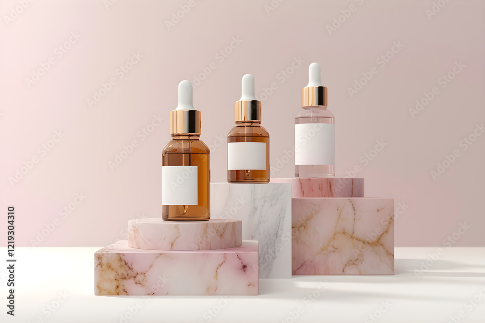 Cosmetic bottles with facial drops on a pink background and plants. Pedestals for product presentation. Concept for advertising oil, liquid for face and body Copyspace. Cosmetic bottles with facial drops on a pink background and plants. Pedestals for product presentation. Concept for advertising oil, liquid for face and body Copyspace.