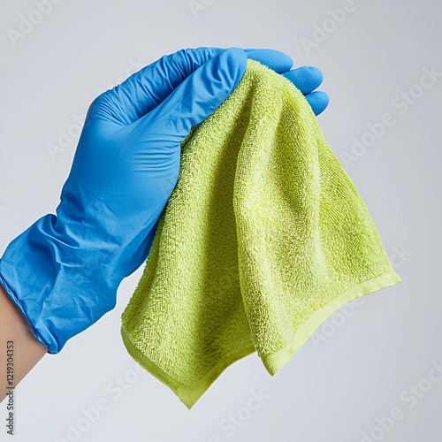 A gloved hand holds a lime green cleaning cloth.  Perfect for hygiene and cleaning themed projects.