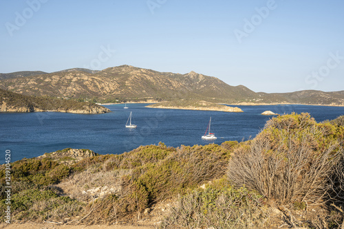 Obraz na płótnie Aerial view of the Malfatano Gulf in the south of Sardinia with many beautiful beaches and blue and turquoise water w salonie