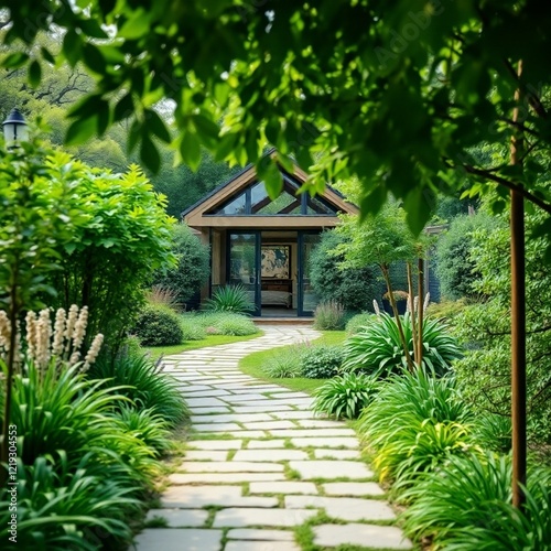 Lush green garden with a winding stone path culminating in a modern garden office