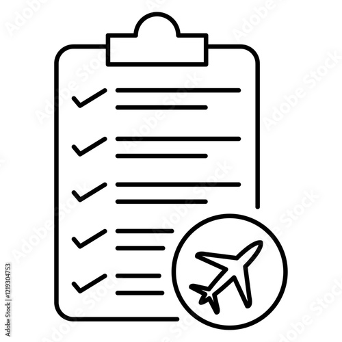 Travel checklist and itinerary planning icon with airplane symbol, ideal for vacation, trip scheduling, tourism, business travel, holiday planning, time management, and travel organization visuals.