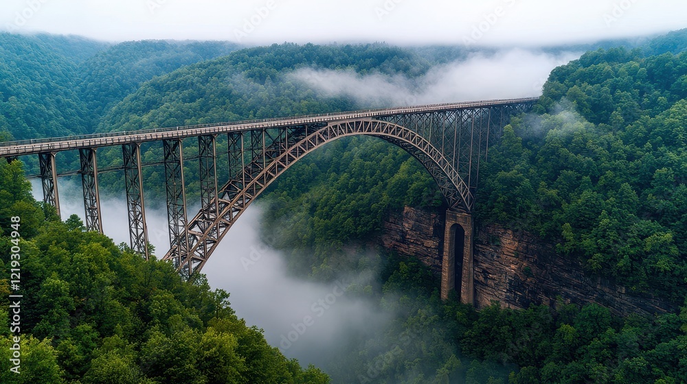 Acrophobia, Fear of Heights Concept, Majestic Steel Bridge Spanning a Misty Valley Surrounded by Lush Green Forests and Dramatic Cliffs Acrophobia, Fear of Heights Concept, Majestic Steel Bridge Spanning a Misty Valley Surrounded by Lush Green Forests and Dramatic Cliffs