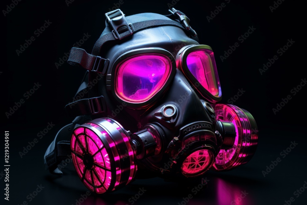 Futuristic gas mask glowing with vibrant pink light, creating a cyberpunk aesthetic against a dark backdrop Futuristic gas mask glowing with vibrant pink light, creating a cyberpunk aesthetic against a dark backdrop