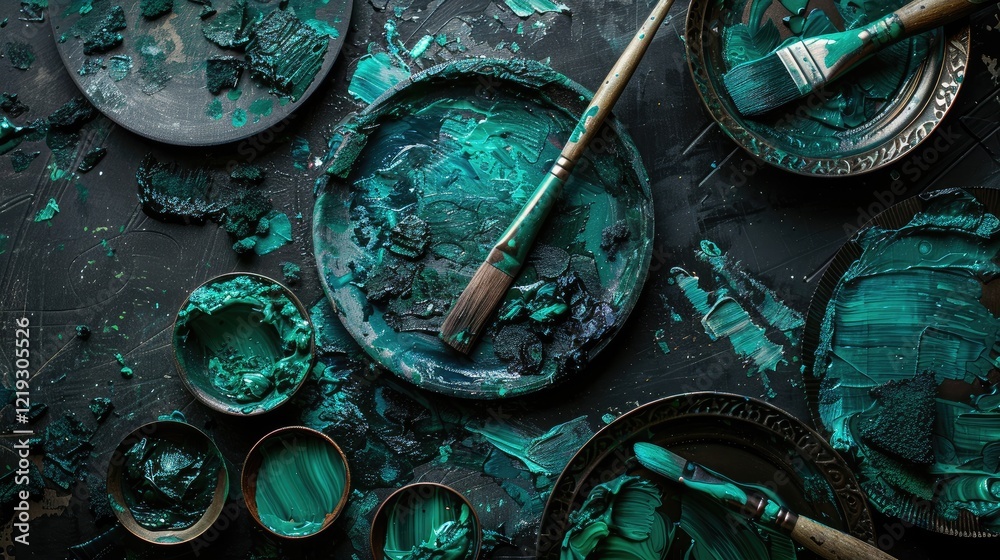 Fototapeta premium Malachite-colored paint palette with shades of emerald green and teal