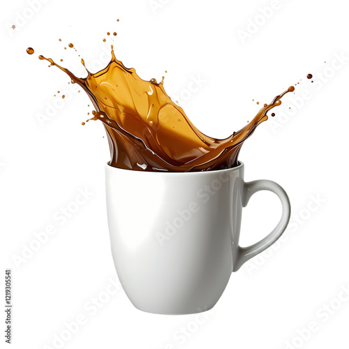 Splashing Coffee in White Mug Dark Background Brown Liquid Energy Drink Caffeine Morning Beverage   