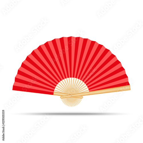 Realistic folding hand fan red paper with golden bamboo frame fashion accessory 3d vector clip art isolated on white background, decorative element for oriental themes.