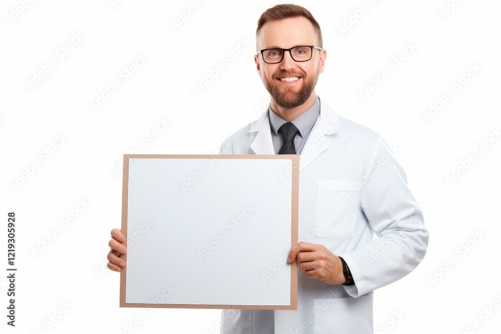 Friendly medical professional presenting empty whiteboard for advertisement, isolated on white background Friendly medical professional presenting empty whiteboard for advertisement, isolated on white background