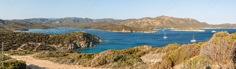 Aerial view of the Malfatano Gulf in the south of Sardinia with many beautiful beaches and blue and turquoise water