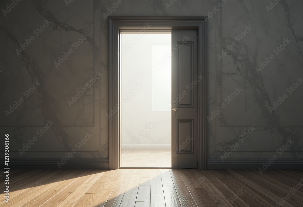 An open door with bright light leading into a minimal interior setting An open door with bright light leading into a minimal interior setting