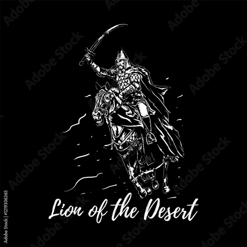 desert warrior with sword and horse in black and white vector style