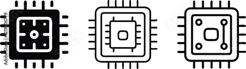Processor vector icon set. Black silhouette and line art illustration design.